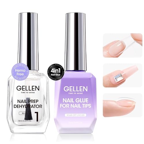Gellen Nail Glue Gel and Nail Prep Dehydrator Gel Nail Kit, 4 in 1 Soak Off LED UV Nail Glue for False Nails, Acrylic Nails, Clear Press on Nails, Extend Gel for Gel X Nails, Long Lasting for 28+ Days
