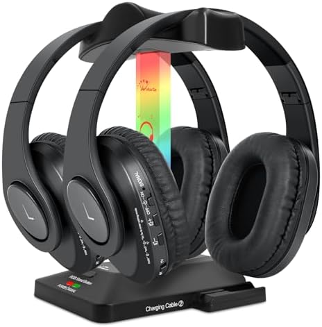 WallarGe Dual Wireless Headphones for TV Watching with RF Transmitter, Bluetooth Over-On Ear TV Headphones Wireless for Seniors, No Lip-Sync Delay, Plug & Play. Set of Two