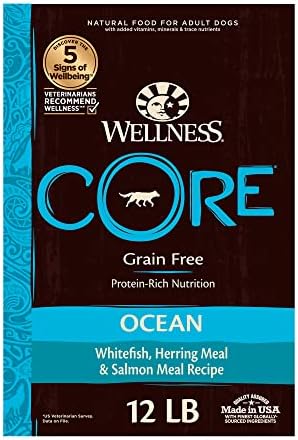 Wellness CORE Grain-Free High-Protein Dry Dog Food, Natural Ingredients, Made in USA with Real Meat, All Breeds, For Adult Dogs (Ocean Whitefish, Herring & Salmon, 12-Pound Bag)