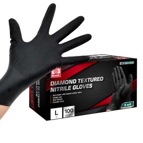 Jointown Basic Heavy Duty Nitrile Gloves Black Mechanic Gloves Large, 8 Mil Nitrile Disposable Gloves with Raised Diamond Texture, Latex Free, Powder Free Industrial Automotive Gloves Box of 100
