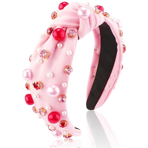 AHONEY Pink Headband Hair Accessories for Women Girls Knotted Headband Pearl Crystal Knotted Jeweled Wide Top Knot Headband Valentine’s Day Gifts (Pink)
