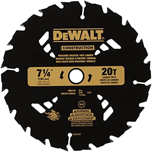 DEWALT 7-1/4" Circular Saw Blade for Pressure Treated and Wet Lumber, ATB, Thin Kerf, 5/8" and Arbor, 20-Tooth (DW3174) , Black