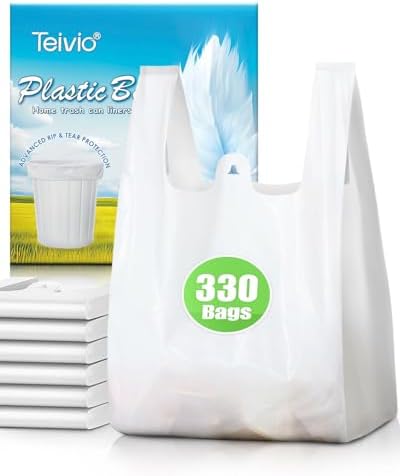Teivio 330 Count White Plastic Grocery Bags with Handle, 11.5"x6.5"x21" Strong T shirt Bags Shopping bags for Restaurant, Small Business, Grocery Store, Small Trash Bags for Home, Kitchen, Bathroom
