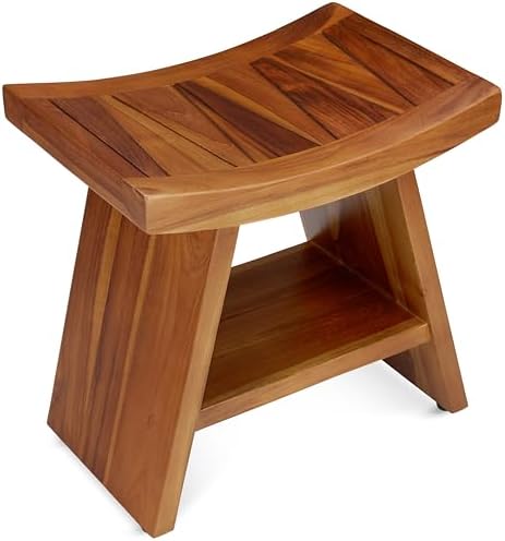 TeakCraft Teak Shower Stool with Shelf – Water Resistant, Non-Slip Premium Indonesian Teak Wood Bath Seat Bench for Shower – Fully Assembled Wood Spa Bath Organizer Seat with Leveling Feet, The Randi