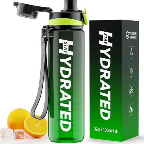 Water Bottle, 32 oz Motivational Water Bottles with Time Marker-Tritan & BPA Free, Sports Water Bottle with Time to Drink & Strap, Wide Mouth, Leakproof -Gift for Christmas Gym Fitness & Outdoor
