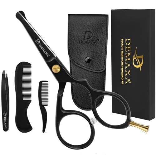 5" Professional Mustache Scissors Beard Scissors for Men with Slanted Tweezers 1 Mustache Comb 1 Beard Comb & Pouch – Beard Trimming kit & Mustache Kit (Premium 4.2 Blunt Tip Set)