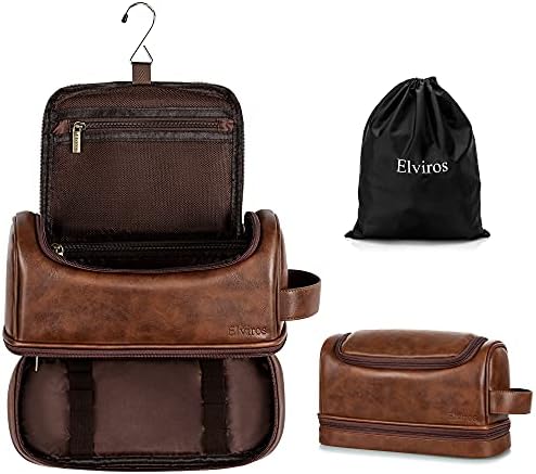 Elviros Toiletry Bag, Mens Leather Travel Organizer Kit with hanging hook, Large Water-resistant Toiletries Bathroom Shaving Bags for Women (Large, Dark Brown)