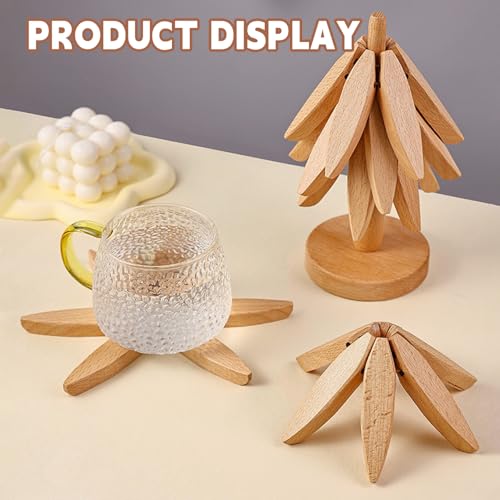 Wooden Trivets for Hot Dishes， Tree Shape Trivet Set,Trivets for Hot Dishes - 4 Wooden Trivets + 1 Stand stored Like a Christmas Tree (Beech Wood)