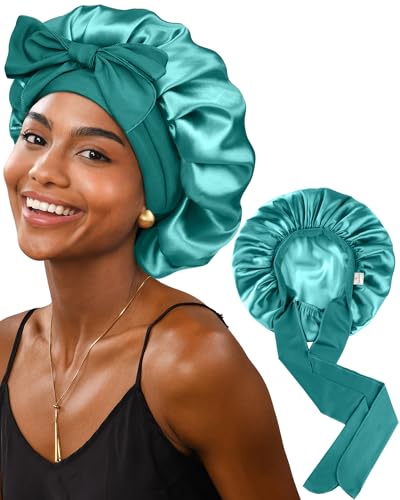 Yanibest Satin Bonnet Silk Bonnet for Sleeping Double Layer Ajustable Satin bonnet for Women Men for Curly Natural Hair with Tie Band