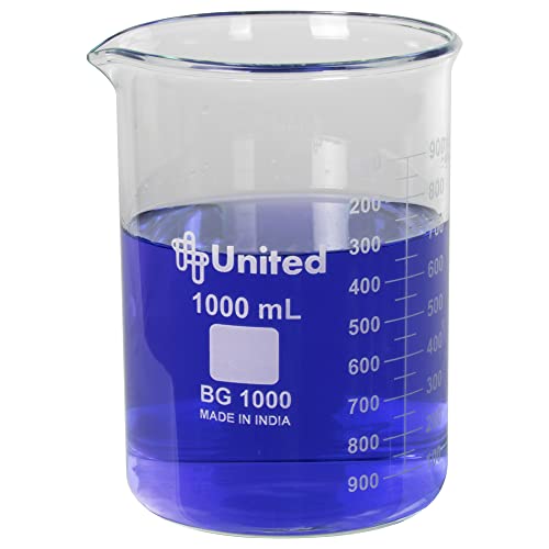 United Scientific™ 1000mL (1L) Borosilicate Glass Lab Beaker, Low Form Griffin, Double Scale Graduation, 1 Each