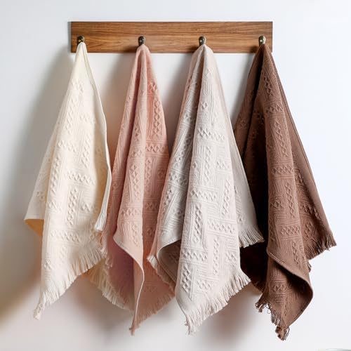 Boho Hand Towels Set of 4 Turkish Cotton 14 x 30 Inch Decorative Absorbent Face Head Towel for Bathroom Kitchen Decor Farmhouse Spa Gym Guest Gift(Beige, Gray, Curry, Pink)
