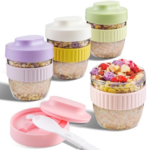 4 Pack Overnight Oats Containers with Lids and Spoons, 16 oz Plastic Portable Reusable Meal Prep jar, Leak Proof, BPA Free, On the Go Cups for Oatmeal, Yogurt, Cereal, Salad, Snacks, Milk