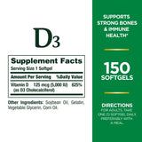 Nature's Bounty Vitamin D3, Immune and Bone Support, 5000IU, Rapid Release Softgels, 150 Ct