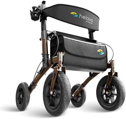 Helavo All Terrain Walker with Puncture-Proof, Flat-Free Solid Rubber Tires, 12" Wheels - Foldable Outdoor Walker for Seniors with Seat, Ergonomic Handles and Extra Padded Backrest