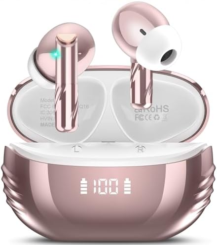 Wireless Earbuds Bluetooth 5.4 in Ear Light-Weight Headphones Built-in MIC, 48H Playback HiFi Stereo Bass Earphones, IPX7 Waterproof Ear Buds with Wireless Charging Case, Touch Control, Rose Gold