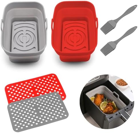 2pcs Air Fryer Silicone Liners Pot with 2pcs Air Fryer Mats & 2pcs Brush for Ninja Food Dualzone DZ401 DZ201 Air Fryer