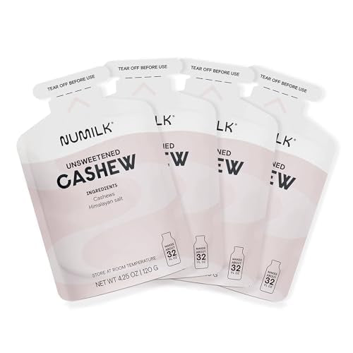 Numilk Pouches 4-Pack - Unsweetened Cashew - Creamy Plant-Based Milk in Seconds - Easy-to-Use with the Numilk Nut Milk Maker Machine - Dairy Free Milk Beverage - One Pouch Makes 32oz