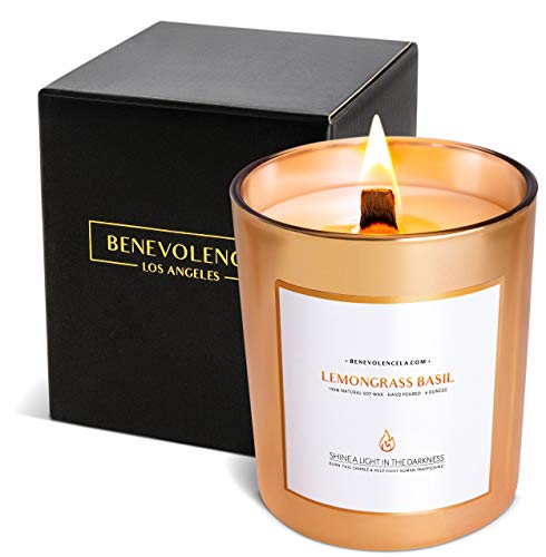 Benevolence LA Lemongrass & Basil Wood Wick Candles | 8 Oz Scented Candles for Home Scented | Spring Candle | 45 Hour Burn Aromatherapy Candles for Women | Essential Oil Candles for Men