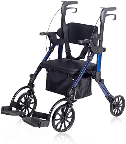 Elenker 2 in 1 Rollator Walker & Transport Chair, Folding Wheelchair Rolling Mobility Walking Aid with Seat Belt, Padded Seat and Detachable Footrests for Adult, Seniors (Blue)