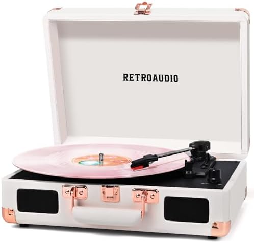 Vinyl Record Player with Built-in Speakers 3-Speed Vintage Record Player Bluetooth Portable Suitcase Turntable Belt-Driven LP Player Support RCA Output and Headphone Output White Rose Gold
