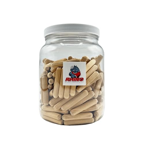 3/8" x 2" - 200 Pack Wooden Dowel Pins in Plastic Jar - Kiln Dried, Fluted, and Beveled (3/8" x 2", 200pk, Jar)