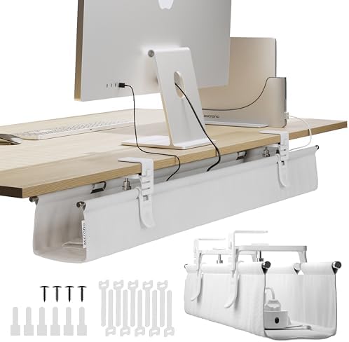 CableCare No Drill Under Desk Cable Management Tray 40.6" -for Desk Wire Management - Premium White Fabric to Hide Cords - Clamp/Screw Mount - Supports Upto 66lbs - Cable Management Under Desk