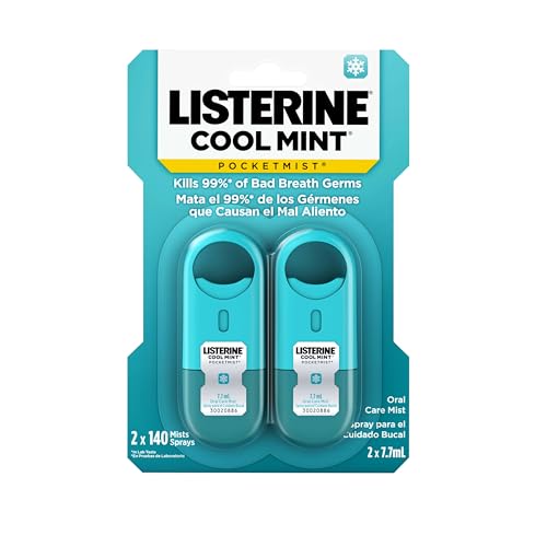 Listerine Cool Mint Pocketmist, Oral Care Mist for Fresh Breath, Non-Aerosol Sugar-Free Bad Breath Refresher Spray to Kill 99% of Bad Breath Germs, Portable, Cool Mint Flavor, 7.7 mL, 12 Mists