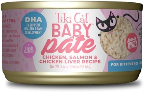 Tiki Cat Baby Pate Wet Cats Food for Kittens, Chicken, Salmon & Chicken Liver, 2.4 oz. Cans (12 Count)