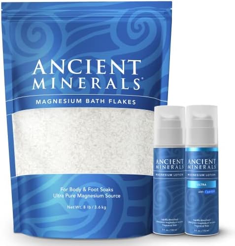 Ancient Minerals Magnesium Bath Flakes - Magnesium Lotion and Lotion Ultra with MSM - Pure Genuine Zechstein Chloride