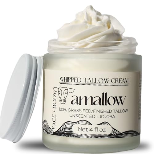 100% Grass Fed Beef Tallow for Skin Care - Face + Body - Whipped Moisturizer for Sensitive Skin - Natural Lotion, 4 FL. oz. (Unscented + Jojoba Oil)