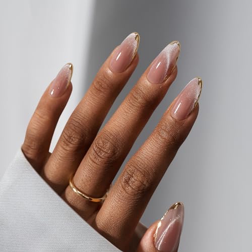 BTArtbox Press On Nails Almond - Cat Eye Press On Nails Medium Fake Nails with 3D Sculpting Metallic Design, Supremely Fit & Glossy Glue On Nails in 15 Sizes for Gift, Knightshield