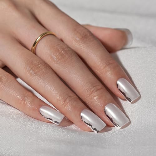 BTArtbox Press On Nails Short - White Press On Nails with 3D Sculpting Metallic Design, Square Fake Nails for Women Gift, Supremely Fit Glue On Nails in 16 Sizes, Chromium
