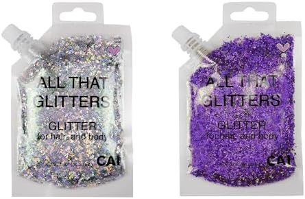 Body Glitter Gel- Face, Body & Hair (2 PK Silver/Violet) Chunky Iridescent Holograph Stars & Moon, 6 oz | Cosmetic-Grade Makeup, Apply Without Glue, Easy to Take Off & Keep Skin Clean - for Raves