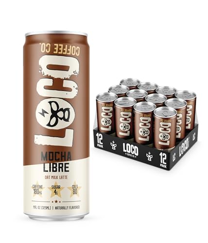 Loco Coffee Mocha Oat Milk Latte Cold Brew Coffee [Mocha] 11 Ounce Can, 12 Count | Medium Roast, 180mg Caffeine | Gluten Free and Dairy Free | Low Sugar, Low Calorie Iced Coffee