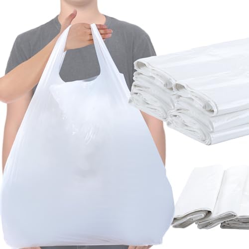 Kisston 400 Count Jumbo Size Plastic T Shirt Bags with Handles, 35 Mic, XX Large Plain Plastic T Shirt Grocery Bags, Thick and Heavy Duty (White,32" x 19")