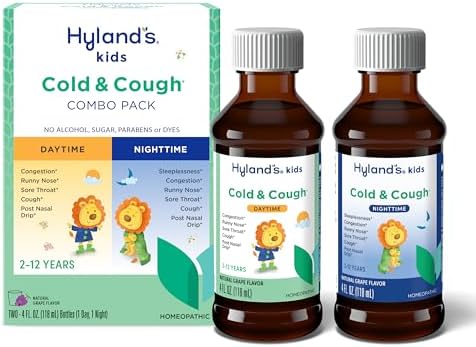 Hyland's Kids Cold and Cough, Day and Night Combo Pack, Cold Medicine for Ages 2 and up, Grape Flavor Syrup Cough Medicine for Kids, Nasal Decongestant, 4 Fl Oz (Pack of 2)