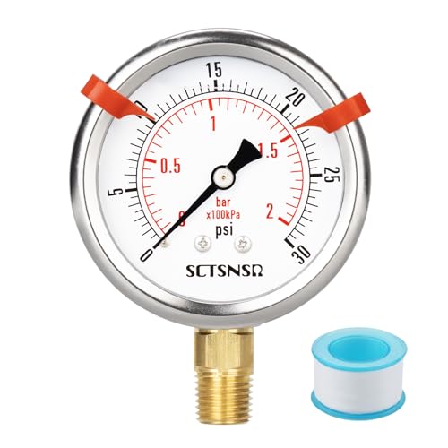 0 to 30 Psi Pressure Gauge, Glycerin Liquid Filled, 2.5 inch Dial, 1/4" NPT Lower Mount, Stainless Steel Case, for Water Tank, Pool Sand Filter, Coolant, CO2, Oil, Gas, Low Pressure Test