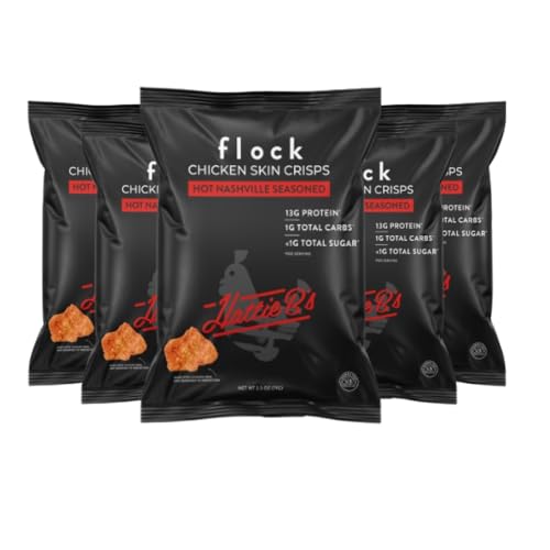 Flock Keto Chicken Skin Chips | Hattie Bs Nashville Hot Flavor | Keto Friendly, Low Carb, High Protein, Flavor Packed, Gluten Free Single Serve Snack | (2.5oz) 4-Pack