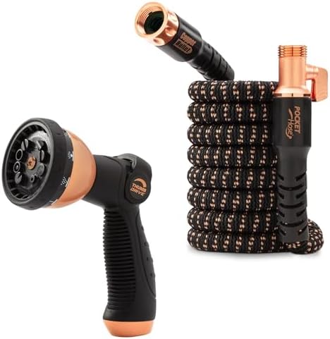 Pocket Hose Copper Bullet Expandable Garden Hose 25 FT w/10 Pattern Thumb Spray Nozzle AS-SEEN-ON-TV 650psi 3/4 in Patented Lead-Free Ultra-Lightweight Solid Copper Anodized Aluminum Fittings No-Kink