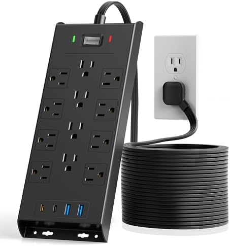 Flat Plug Power Strip 10Ft Long Extension Cord, LeZone 4800J Surge Protector, 12 Outlets 2 USB C 2 USB Ports, Wall Mountable, PD20W Desk Charging Station, Black