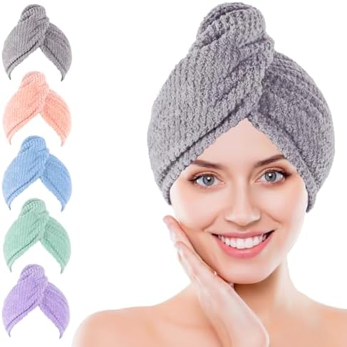 Microfiber Hair Towel Wrap, 5 Pack Soft Hair Drying Towel with Elastic Band, Drying Hair Wrap Towels for Curly, Hair Towel Wrap for Women, Fast Drying Hair Turban, Hair Turbans for Wet Hair