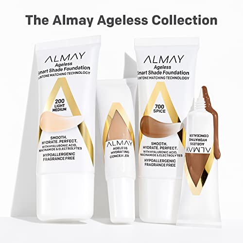 Almay Anti-Aging Foundation, Smart Shade Face Makeup with Hyaluronic Acid, Niacinamide, Vitamin C & E, Hypoallergenic-Fragrance Free, (200 Light Medium,) 1 Fl Oz (Pack of 1)