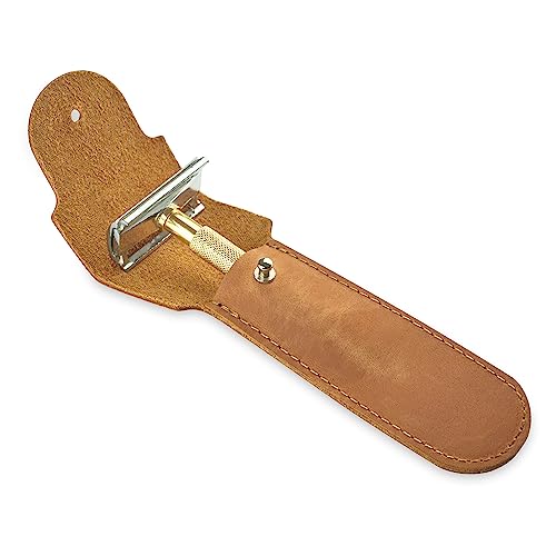 Safety Razor Head Protecting Leather Cover, Genuine Cowhide Leather Double Edge Safety Razor Case Accessories for Travel, Butterfly Razor Case (Vintage Brown)