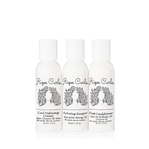 Rizos Curls Trio Travel Kit, Travel Hydrating Shampoo & Deep Conditioner & Curl Cream Bundle, Gently Cleanse and Hydrate, Style & Define Curls for Frizz Free Volume