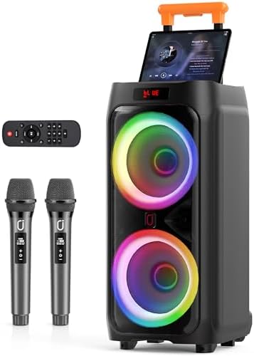 JYX Karaoke Machine with 2 Wireless Microphones for Adults, 8" Big Bluetooth Party Speaker with 500W Peak Power, PA System with LED Disco Light, Rolling Wheels and Trolley, Perfect for Outdoor Home