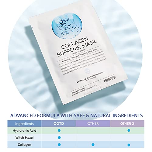 #OOTD Collagen Hydrating Sheet Masks for Face Korean Anti Aging Mask Sheet for Dry Skin & Sensitive Skin, EVE Vegan, Not Tested on Animals, No Parabens, No Sulfates, Hyaluronic Acid, Witch Hazel 10EA