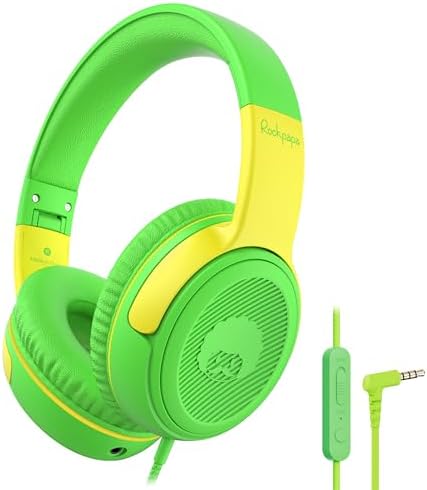 rockpapa Share 1 Kids Headphones Wired with Microphone & Share Port, 85dB/94dB Volume Limited, Cute Foldable Student Child Boys Girls Headphones for School/Classroom/Travel Green/Yellow