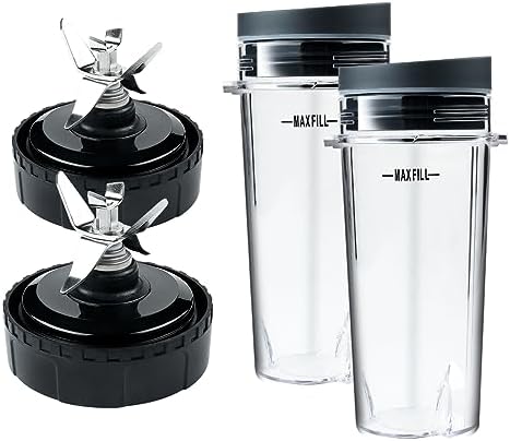 2 Pack 6 Fins Blender Blade Assembly and Single Serve 16 oz Cups Replacement Parts Compatible with Nutri Ninja BL770 BL771 BL772 BL740 BL780 BL660 BL663 Professional Smoothie Blender (3.35 inch)