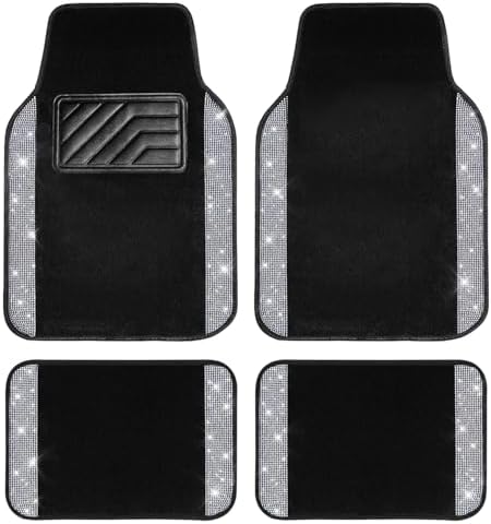 CAR PASS Bling Diamond Car Floor Mats, Shining Rhinestone Carpet Sparkly Glitter Crystal with Anti-Slip PVC Heel Pad Waterproof Universal Fit Automotive SUV,Sedan,Van,Cute Girl Women,4pcs Black Sliver