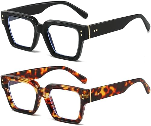 PORADAY Square Blue Light Glasses for Men Women Fashion Thick Frame Glasses Trendy Computer Eyeglasses Reading Eyestrain